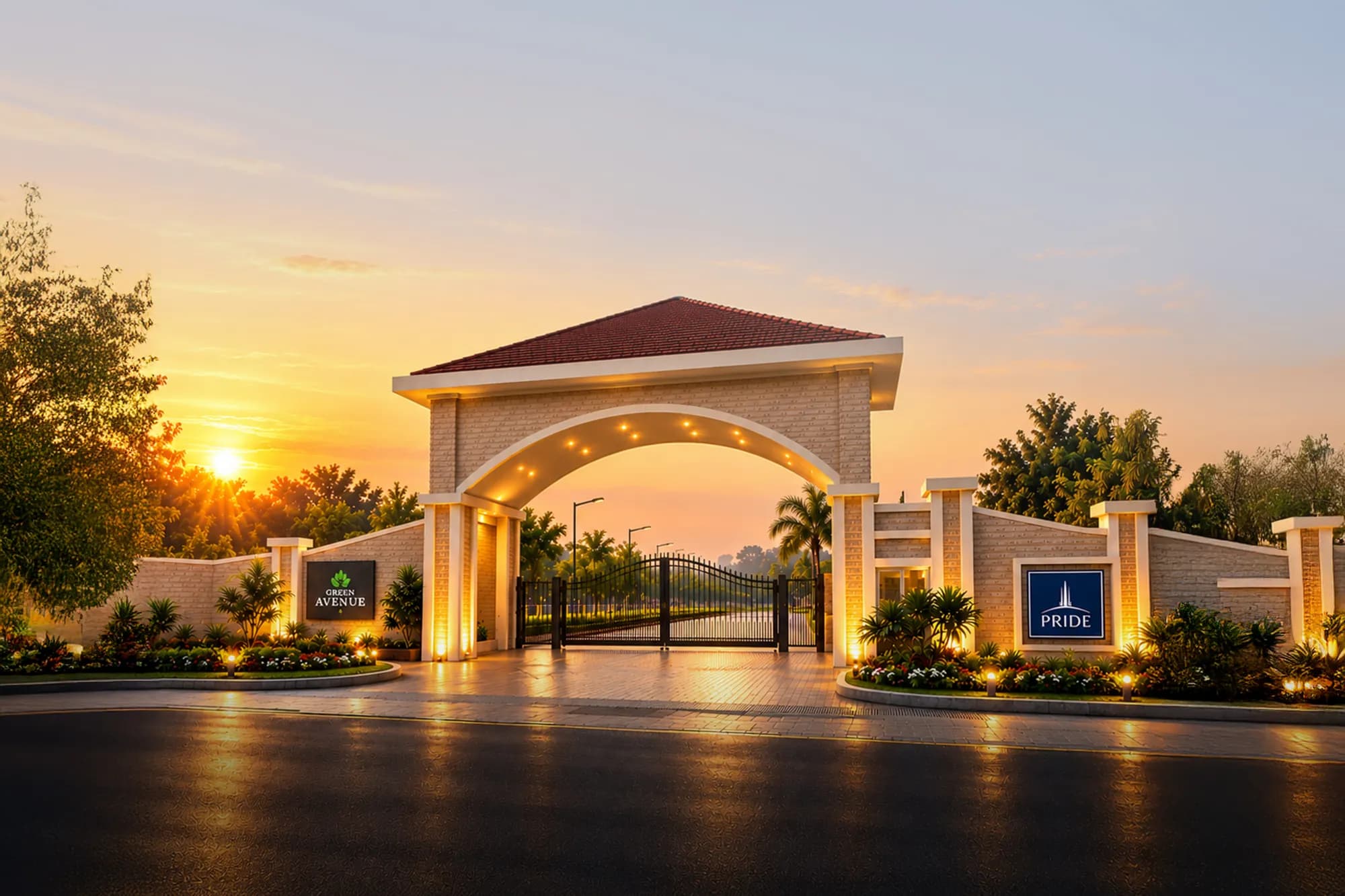 The illuminated entrance gate at sunset