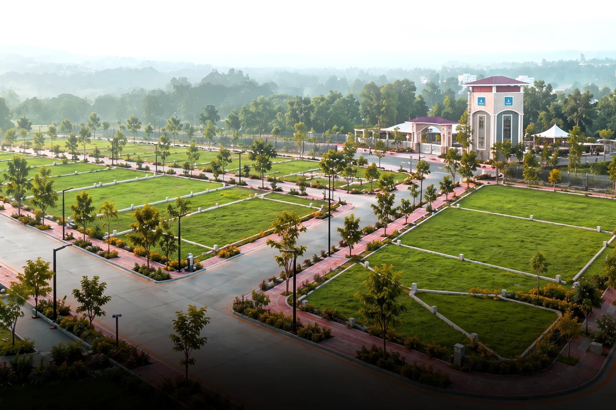 Aerial view of tree-lined avenues, landscaped medians and plots